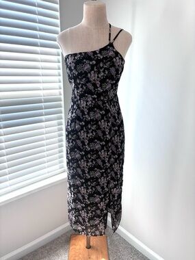 Lulus Women's Black Floral Chiffon Asymmetrical Halter Neck Dress